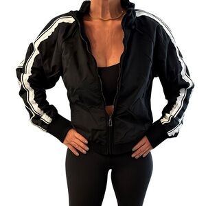 Anthropologie Daily Practice Black Track Jacket with White Lace Stripes-Med
